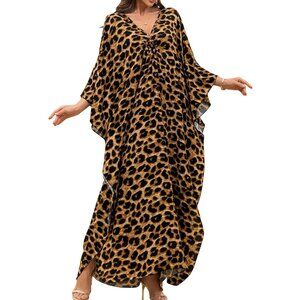 Women's Leopard Print V-Neck Batwing Sleeves Summer Beach Cover Up Kaftan Dress